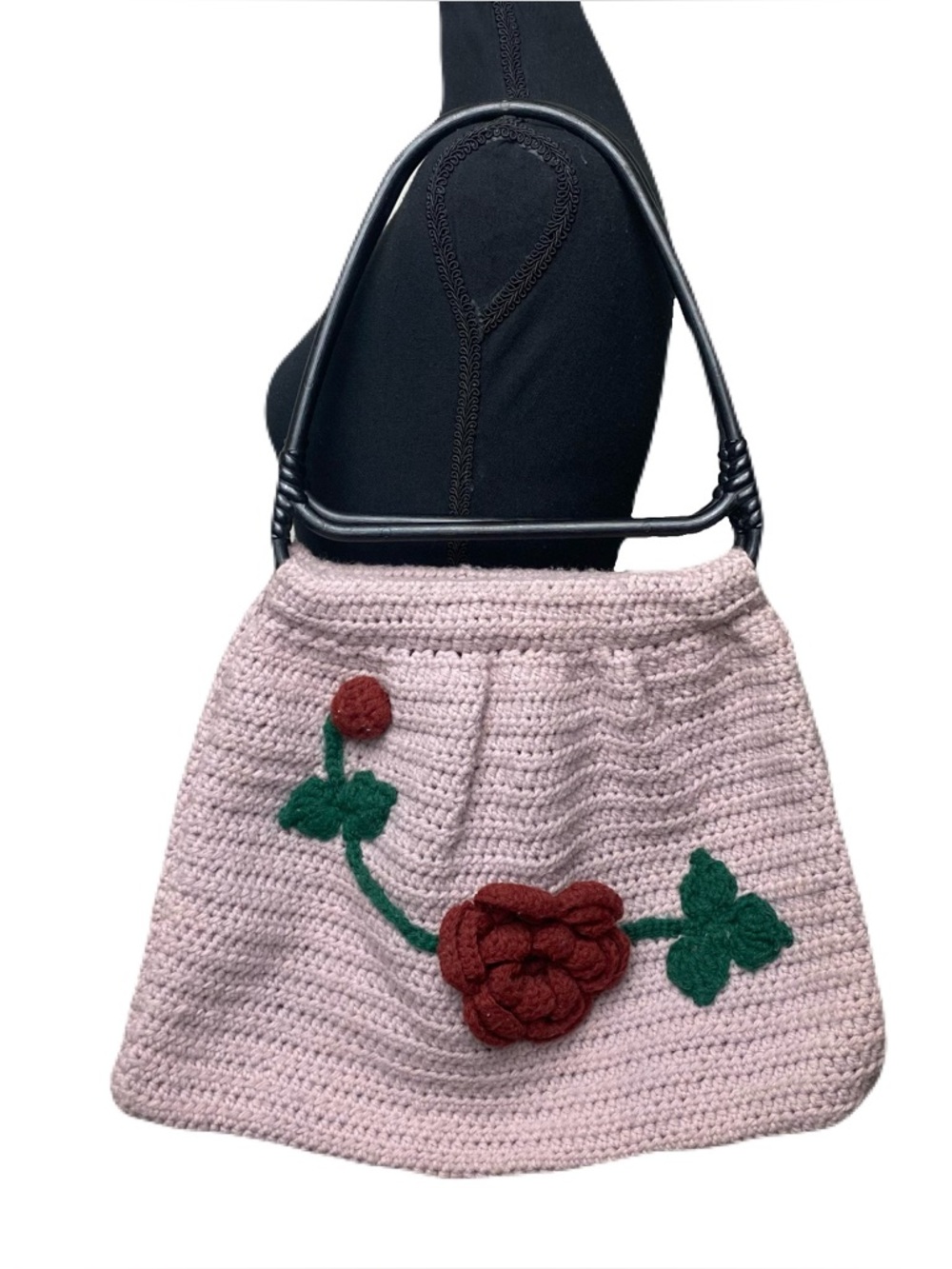 Vintage Handmade Pale Purple Crochet Bag w/ Floral Design 16”x12”‎